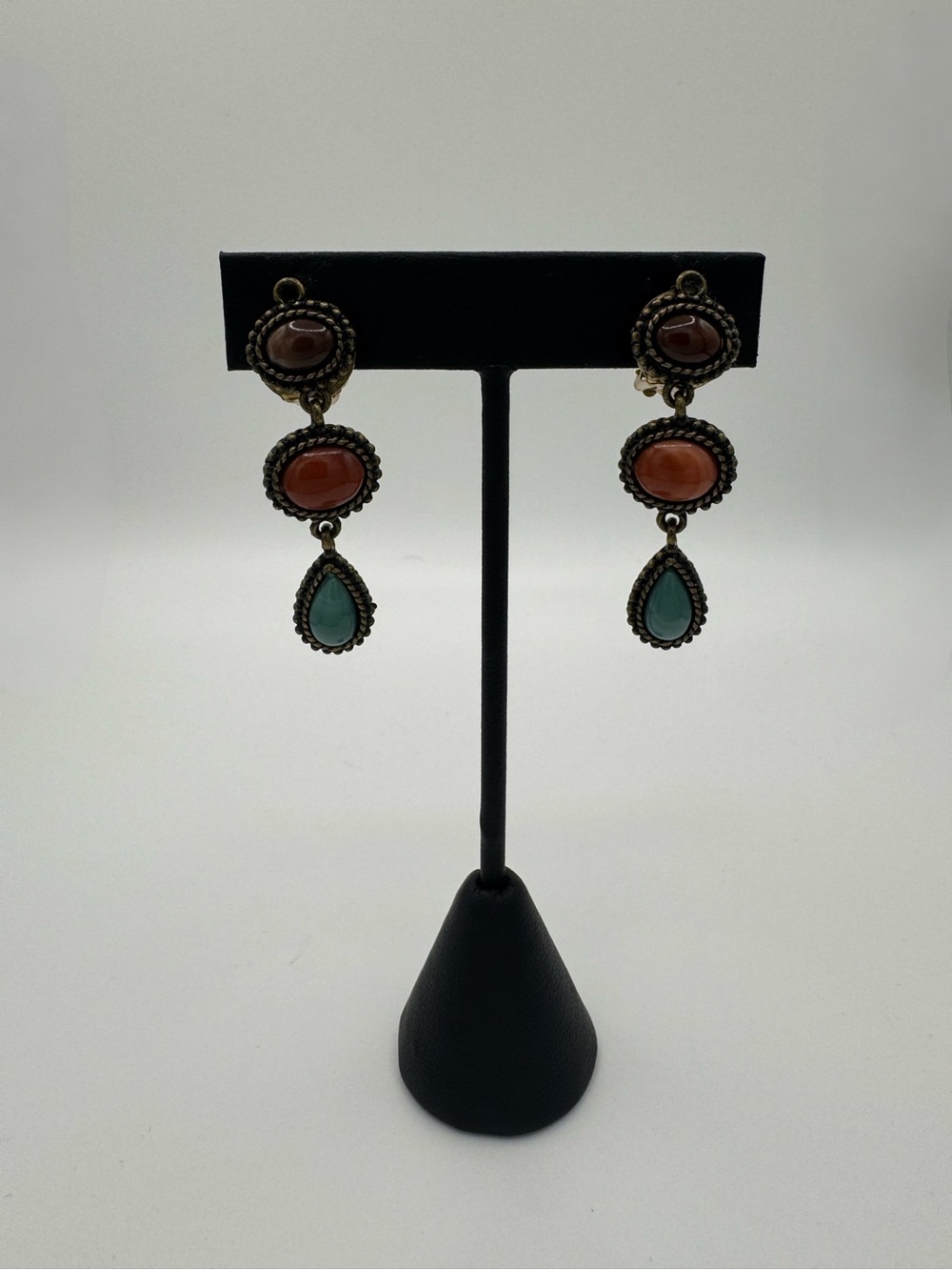 Nancy & Rice Dangling Teardrop Clip-On Earrings - Aqua, Red & Purple Stone